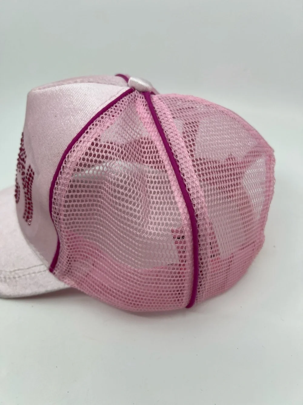 Juicy Couture Kid’s Baseball Cap Pink Velour with Jeweled Logo Trucker Mesh